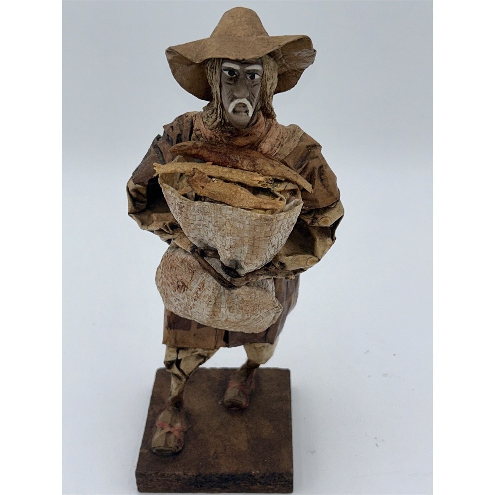 Vintage Authentic Mexican Paper‎ Mache Man Folk Art Figurine With Bag Of Fish